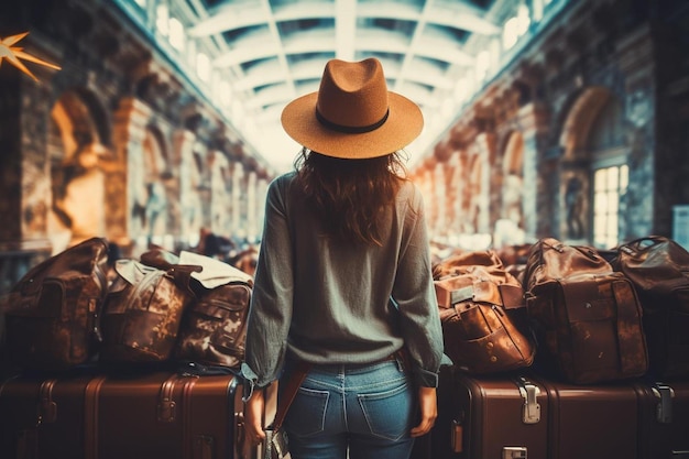 Uma mulher com um chapéu e uma mala num aeroporto