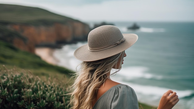 Uma mulher com um chapéu está olhando para o oceano