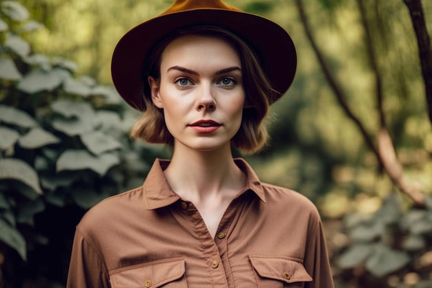 Uma mulher com um chapéu marrom fica em uma floresta