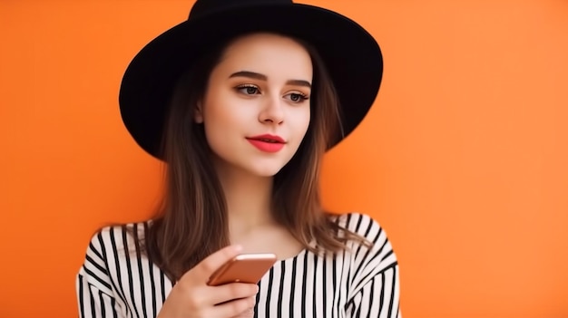 Uma mulher com um chapéu preto e um chapéu preto fica contra uma parede laranja.