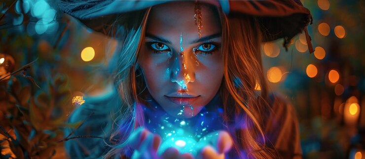 Foto uma mulher com um chapéu preto está segurando uma esfera brilhante em sua mão a imagem tem uma sensação mística e mágica como se a mulher fosse uma bruxa ou uma feiticeira