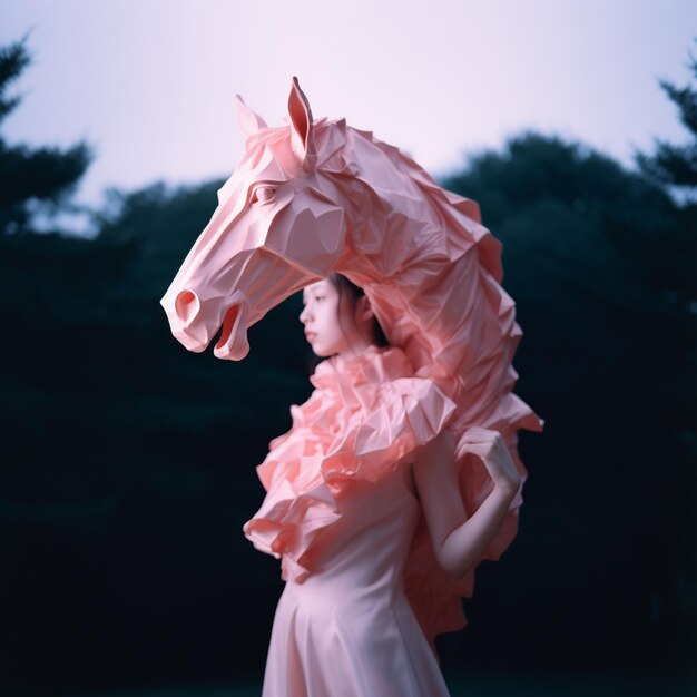 Foto uma mulher com um chapéu rosa e uma cabeça de cavalo rosa e branca.