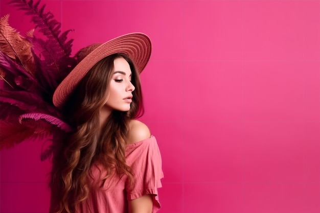 Uma mulher com um chapéu rosa fica em frente a um fundo rosa com uma grande flor no lado esquerdo.
