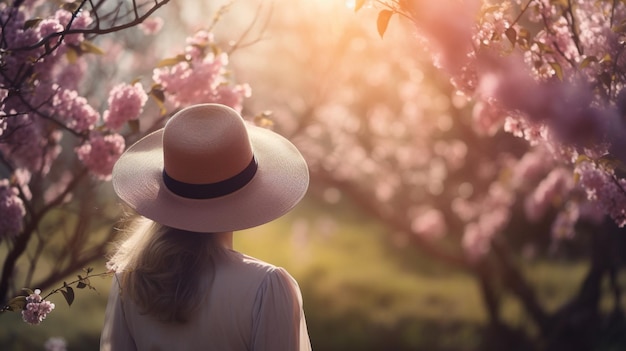 Uma mulher com um chapéu rosa fica na frente de uma cerejeira.