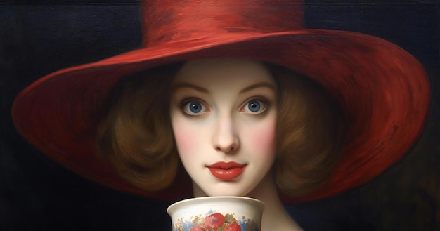 Uma mulher com um chapéu vermelho com uma chávena de café