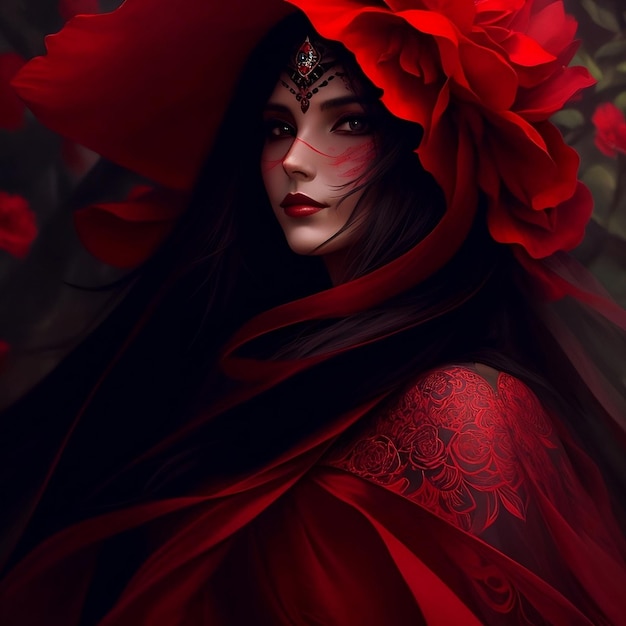 Uma mulher com um chapéu vermelho e uma flor na cabeça