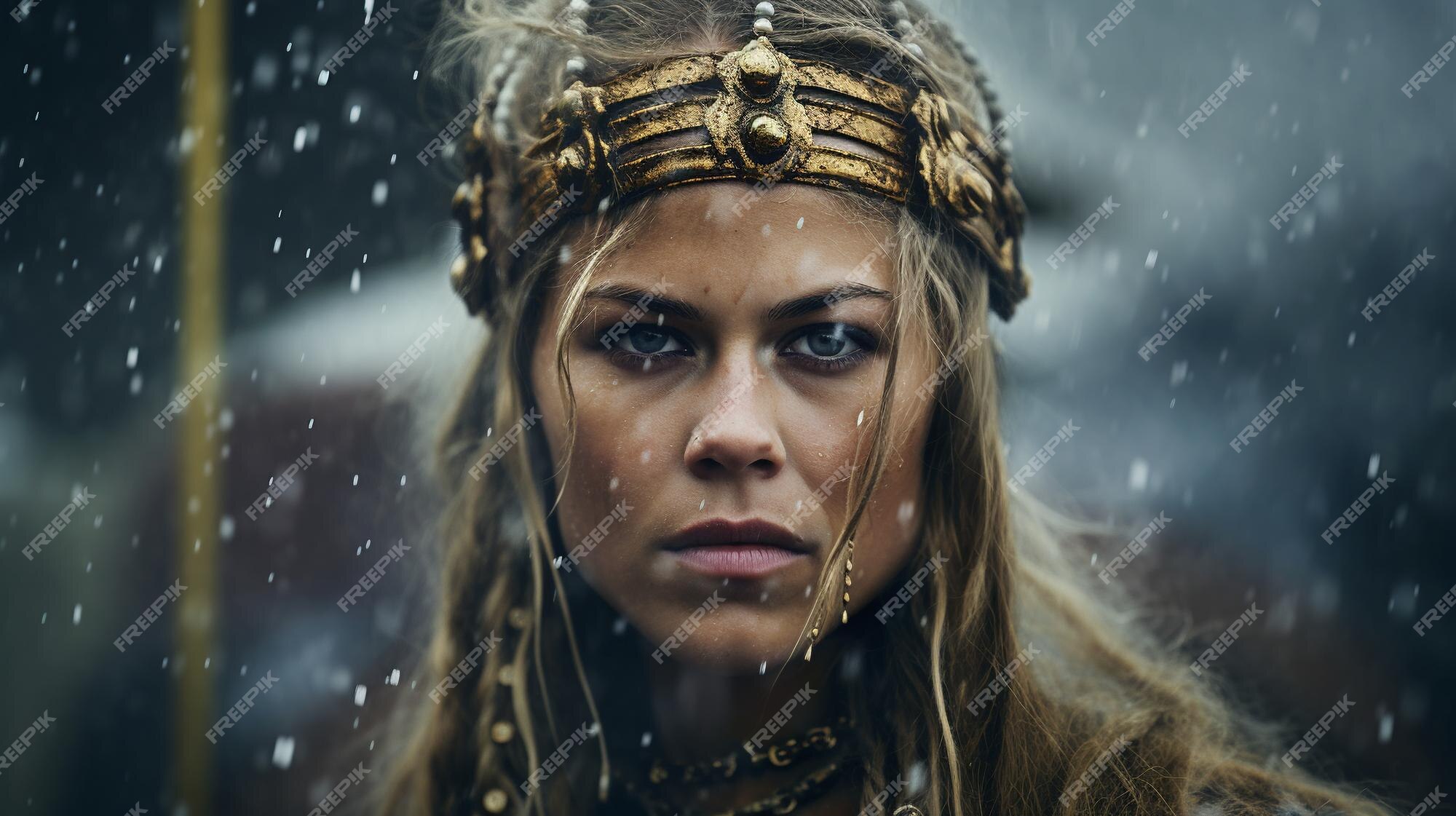 Uma mulher em uma fantasia de viking fica na chuva.