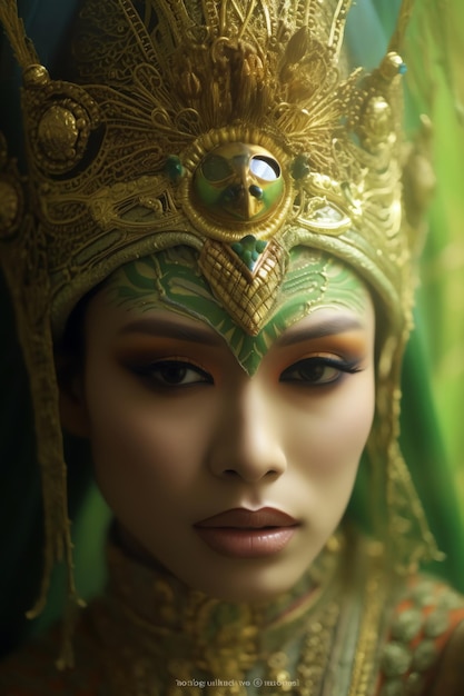 Uma mulher com um cocar verde e um cocar dourado