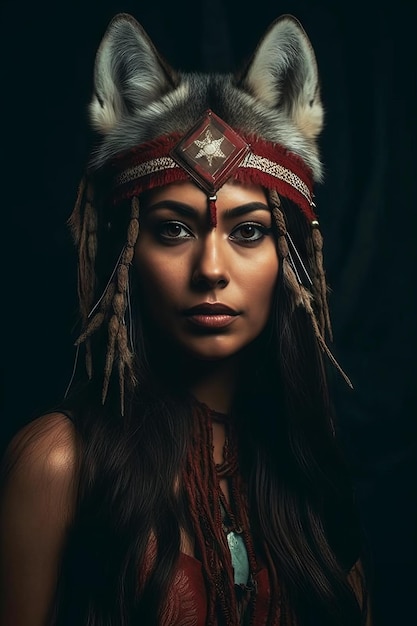 Uma mulher com um cocar vermelho e uma bandana de lobo.