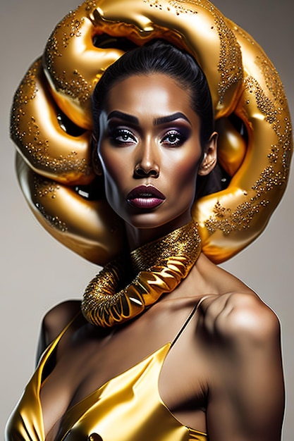 Foto uma mulher com um colar de ouro na cabeça.