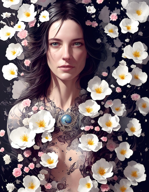 Uma mulher com um colar e um colar rodeado de flores.