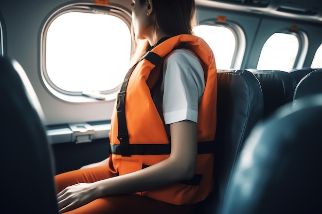 Uma mulher com um colete salva-vidas laranja está sentada em um avião.