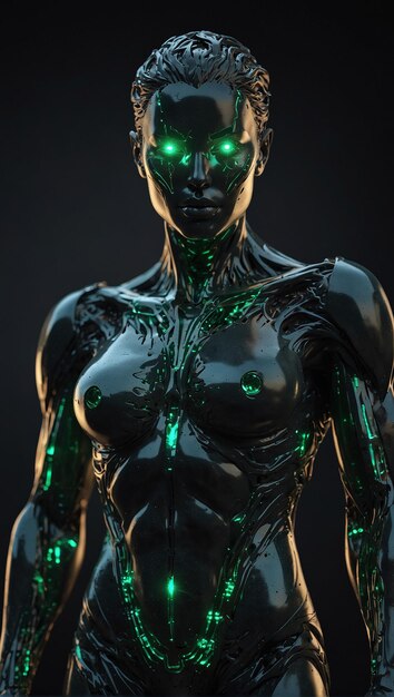 uma mulher com um corpo verde e um corpo preto com brilho verde ao redor do pescoço