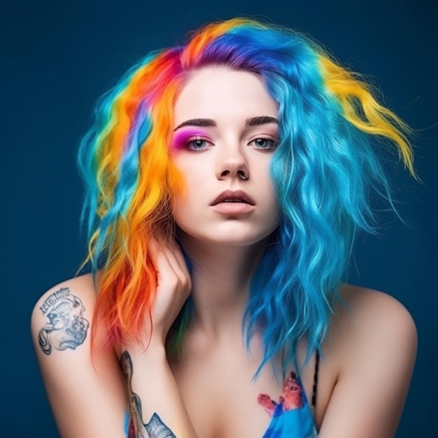 Uma mulher com um corte de cabelo colorido e uma tatuagem no braço.
