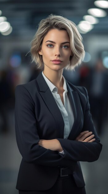 Uma mulher com um corte de cabelo curto está em frente a uma parede de um prédio.