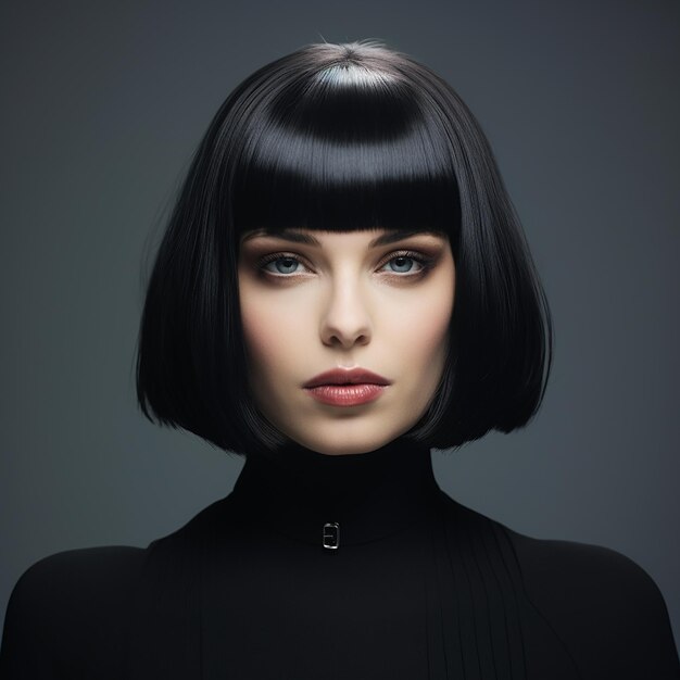 uma mulher com um corte de cabelo e cabelo preto