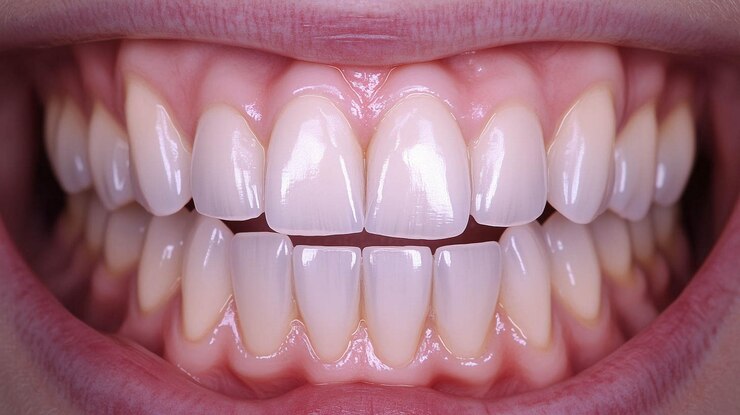 Foto uma mulher com um dente que tem a palavra nele.