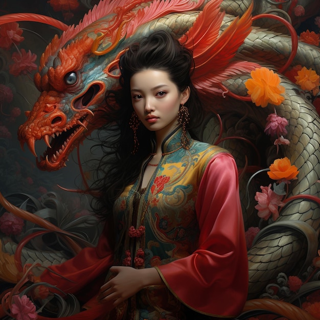 Uma mulher com um dragão na cabeça está posando com um dragon.