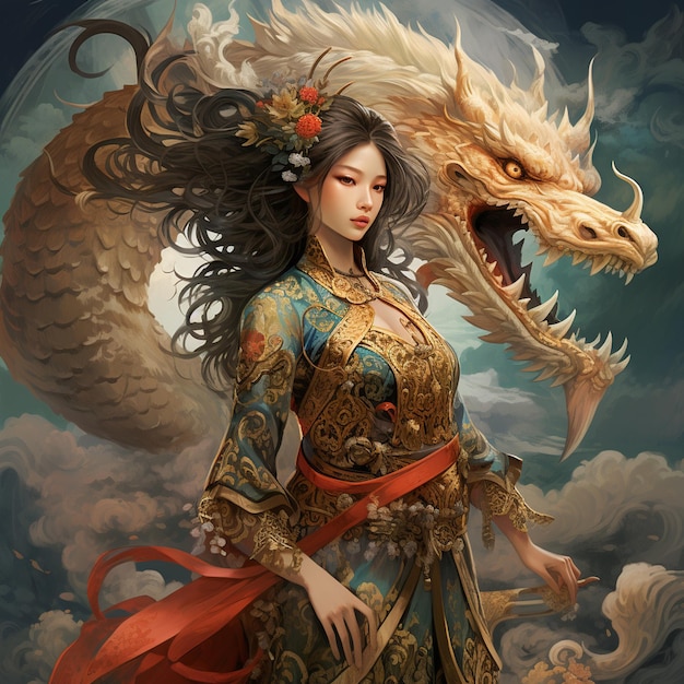 Uma mulher com um dragão nas costas está posando com um dragon.