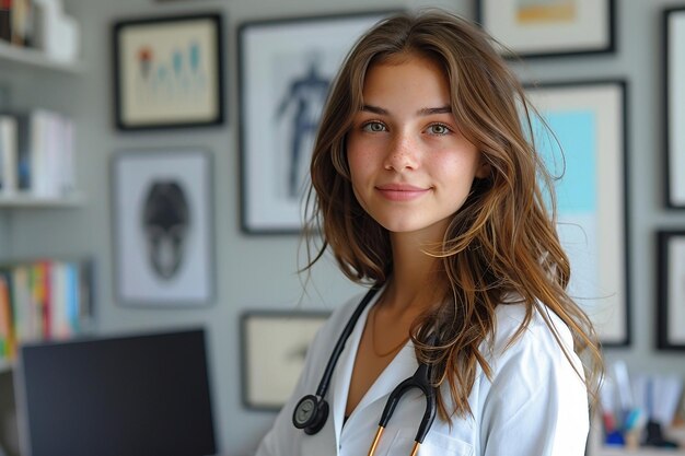 Foto uma mulher com um estetoscópio de pé na frente de uma mesa