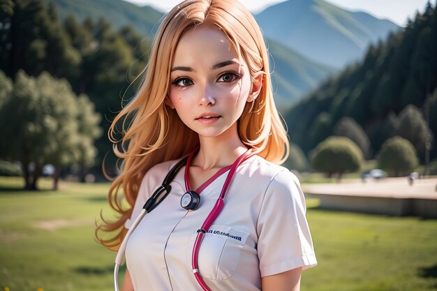Uma mulher com um estetoscópio no rosto está em frente a uma montanha.