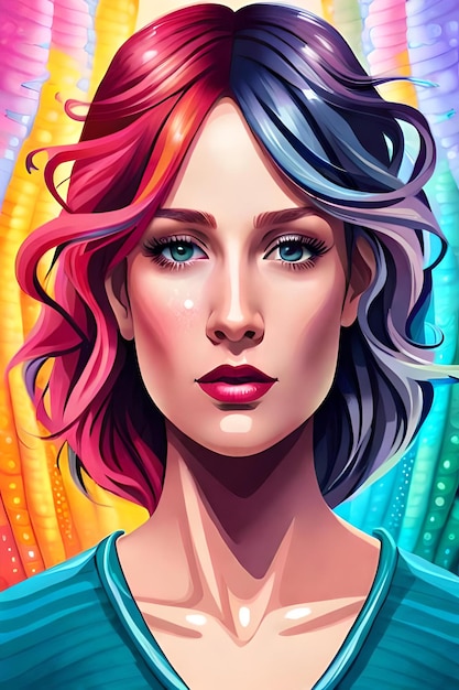 Uma mulher com um estilo de cabelo de arco-íris na cabeça.