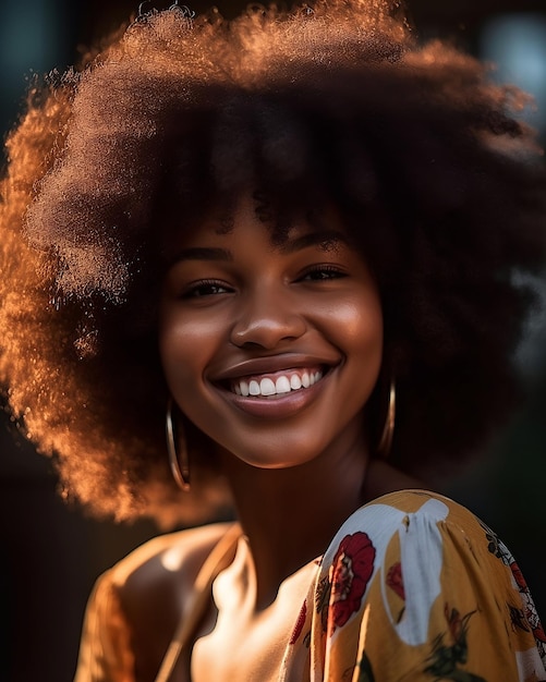 Uma mulher com um estilo de cabelo natural sorri para a câmera.