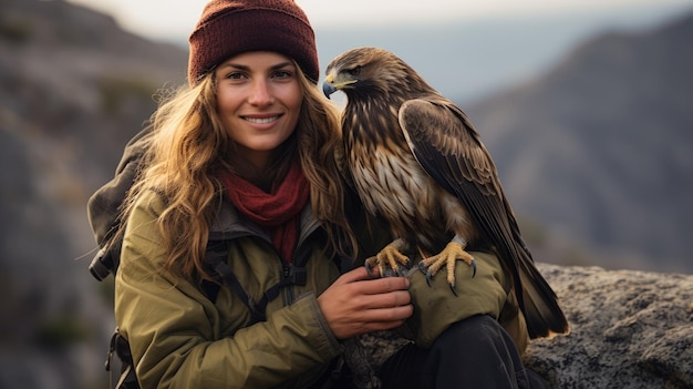 Foto uma mulher com um falcão empoleirado em seu ombro mostrando um vínculo único entre o ser humano e o pássaro