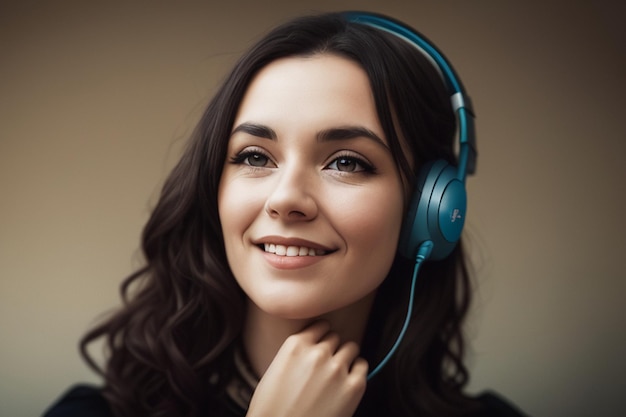 Foto uma mulher com um fone de ouvido e um sorriso no rosto.