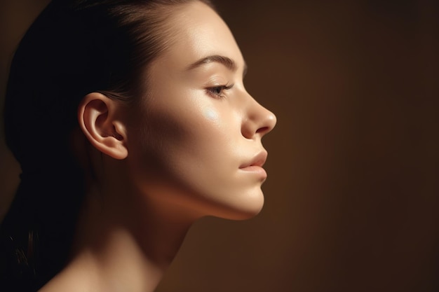 Foto uma mulher com um fundo escuro e uma luz no rosto