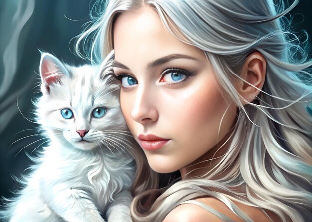 uma mulher com um gato e um gato no ombro