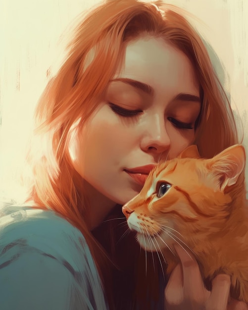 Uma mulher com um gato no ombro