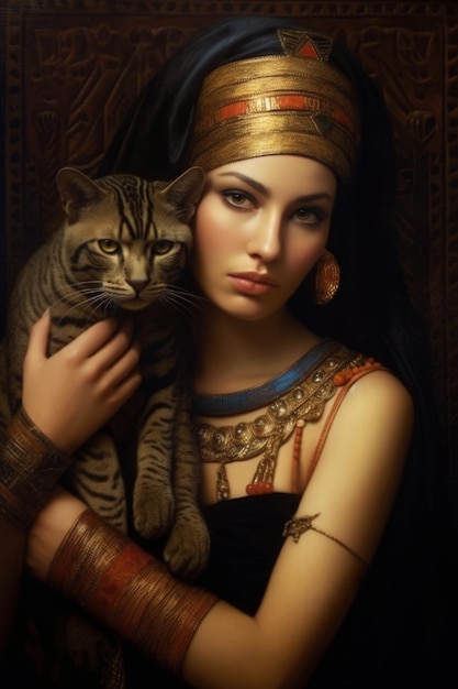 Uma mulher com um gato no ombro
