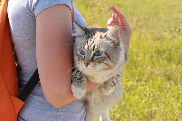 Uma mulher com um gato nos braços