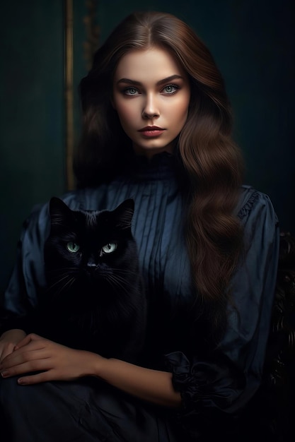 Uma mulher com um gato preto