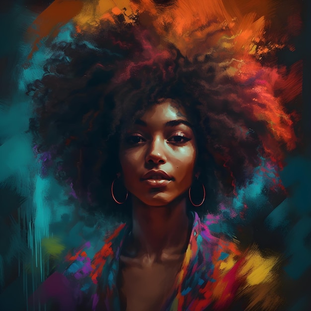 Uma mulher com um grande cabelo afro e uma camisa colorida