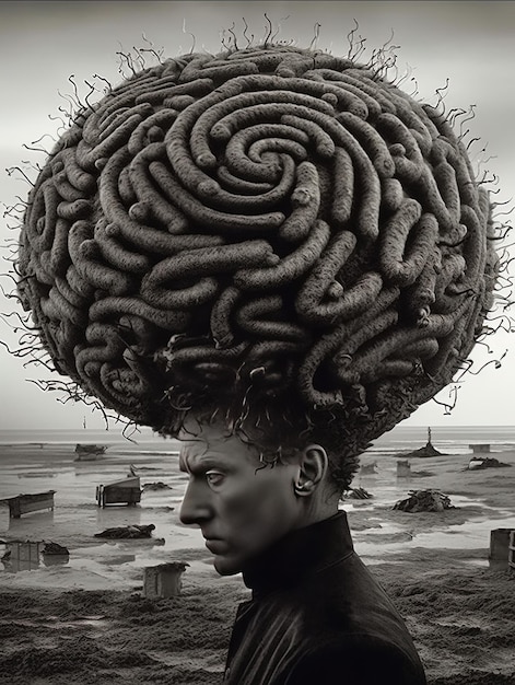 Foto uma mulher com um grande cérebro na cabeça .