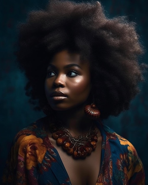 Uma mulher com um grande penteado afro e um fundo azul.