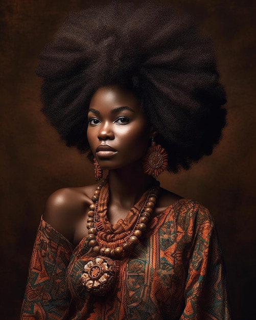 Uma mulher com um grande penteado afro e um vestido vermelho