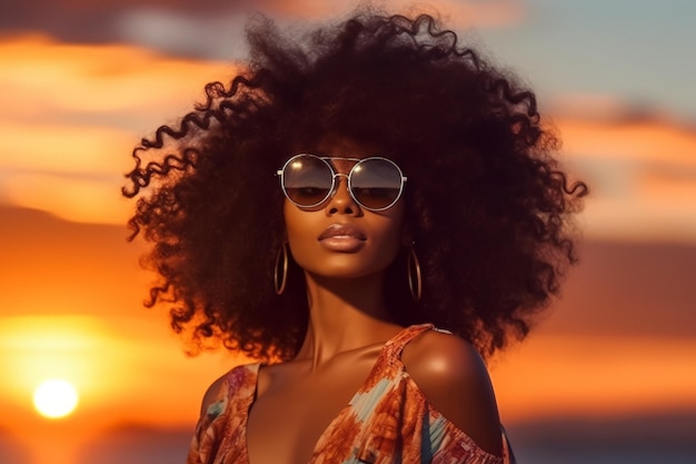 Uma mulher com um grande penteado afro em frente a um pôr do sol.