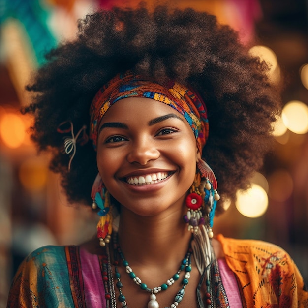 Uma mulher com um grande penteado afro sorri para a câmera.