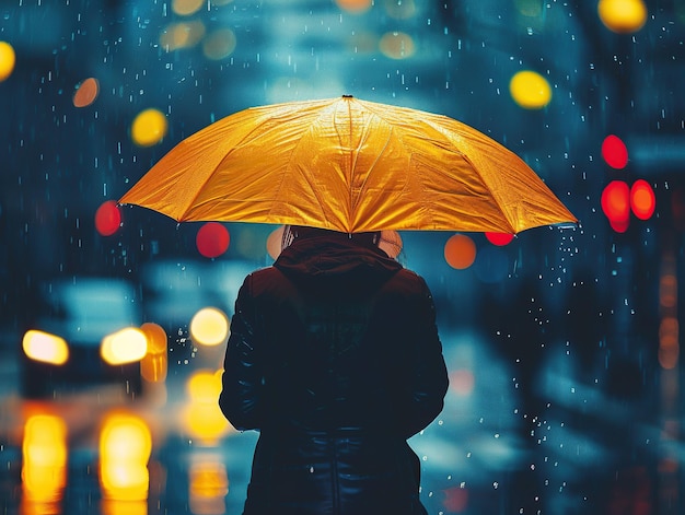 Uma mulher com um guarda-chuva amarelo caminhando na chuva em um dia chuvoso