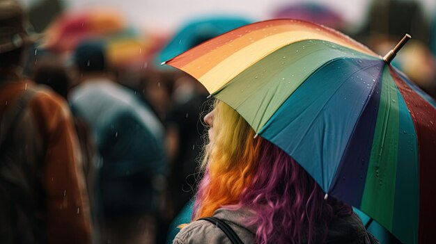 Uma mulher com um guarda-chuva colorido arco-íris