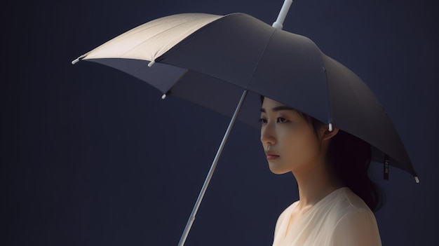 Uma mulher com um guarda-chuva na cabeça está em frente a um fundo escuro.