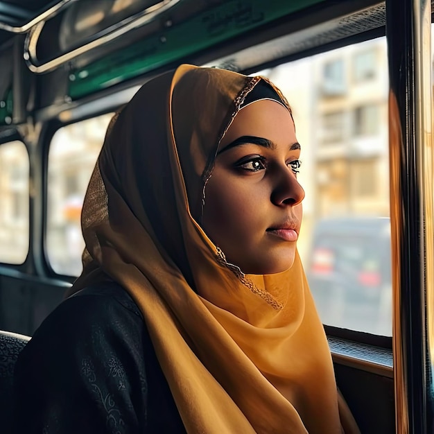 Uma mulher com um hijab amarelo olha pela janela de um ônibus.