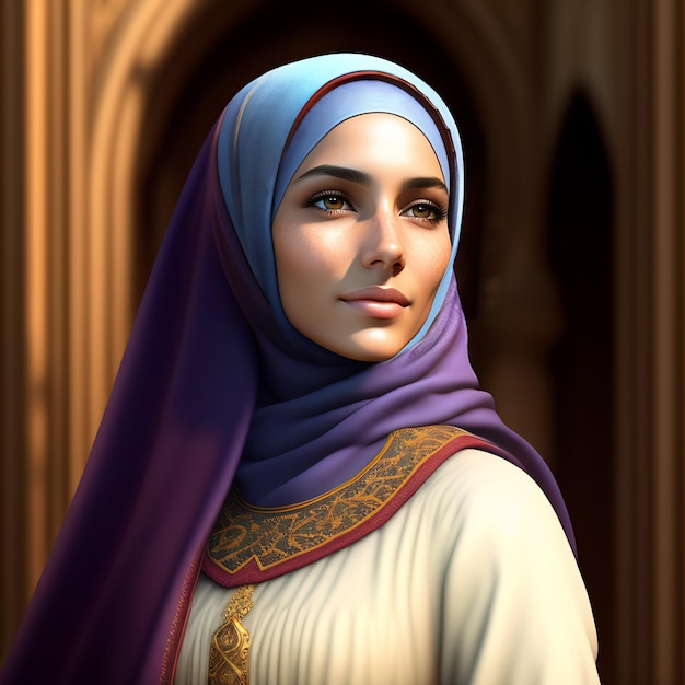 Uma mulher com um hijab azul com a palavra hijab na cabeça