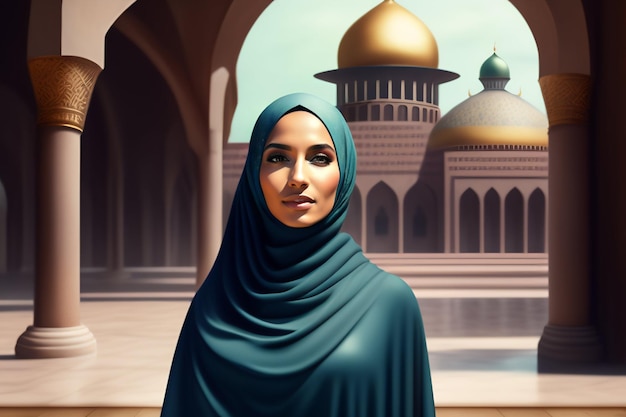 Uma mulher com um hijab azul está em frente a uma mesquita.