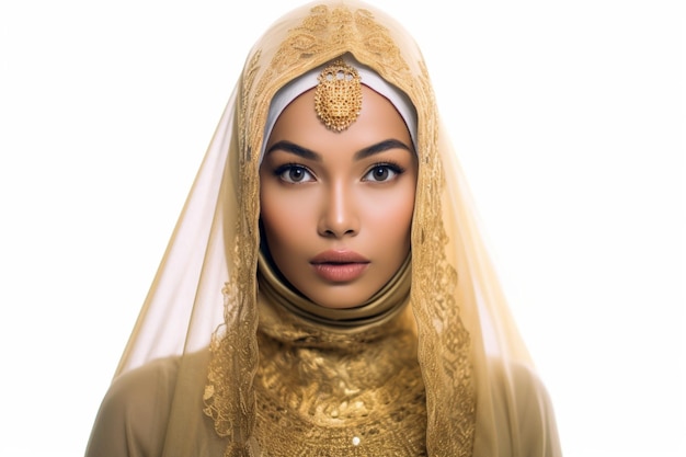 Uma mulher com um hijab dourado e um lenço dourado