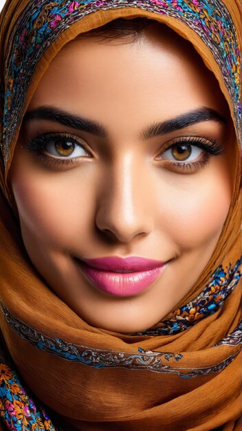 Uma mulher com um hijab olhos castanhos quentes e um sorriso amigável seu lenço colorido