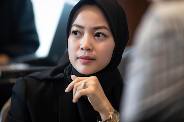 Uma mulher com um hijab preto e um anel está sentada em uma sala de reuniões.